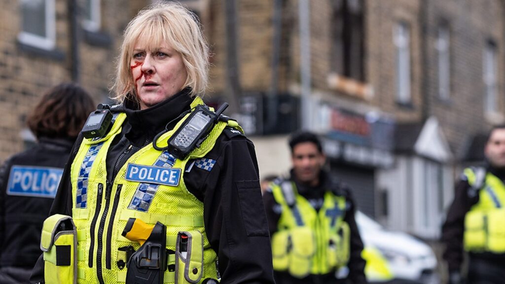 Sarah Lancashire as Catherine Cawood, with a bloody noise after a police raid